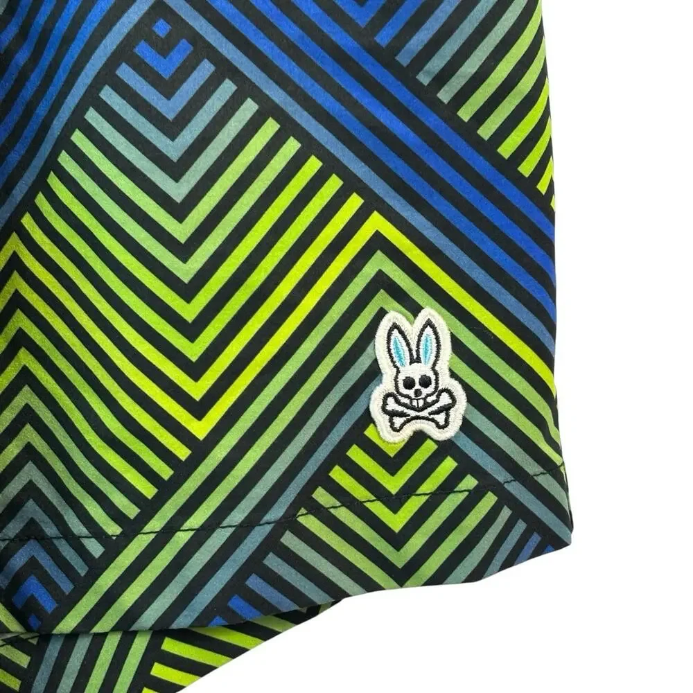 Psycho Bunny Swim Trunks Large Blue Green Adrian Chevron Logo Board Shorts Beach